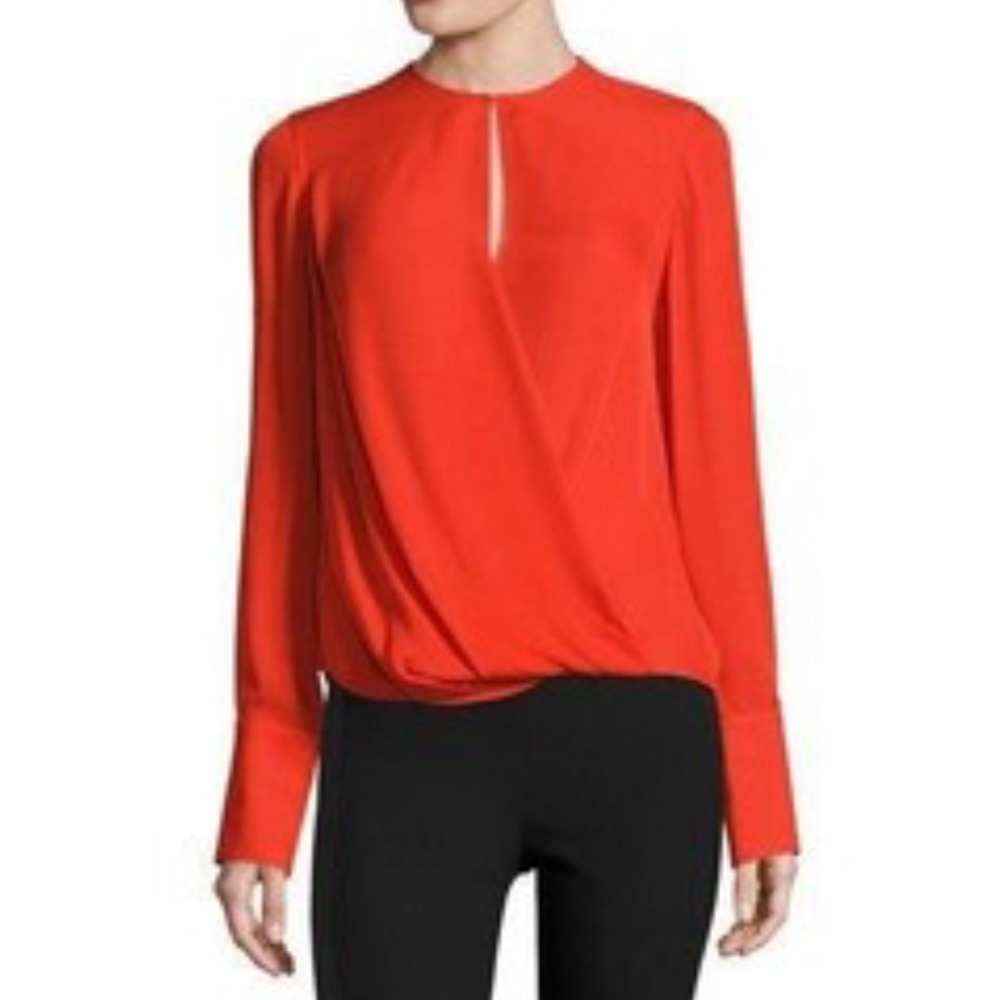 Rag & Bone Silk Blouse Long Sleeve Keyhole Front Orange Red faux wrap Top Size S